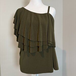 Cupio Women’s One-Shoulder Ruffle Top | Olive Green Size XL